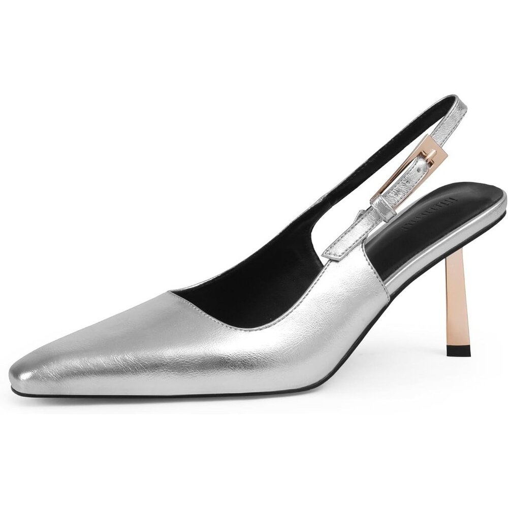 Women's Silver Faux Leather 3.5 in / 4 in Kitten Heel Closed Toe Pump Shoes